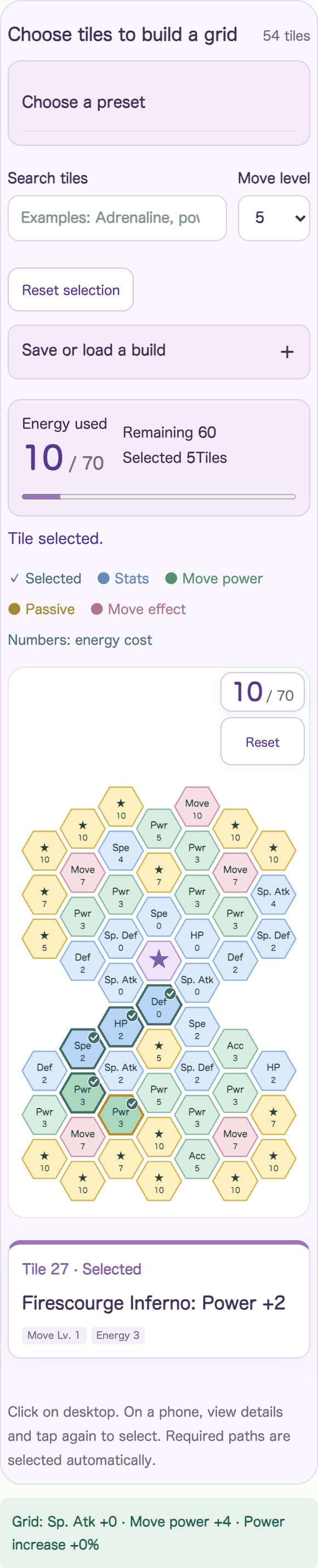 Selected grid with required paths, energy 10/70 and Firescourge Inferno Power +4