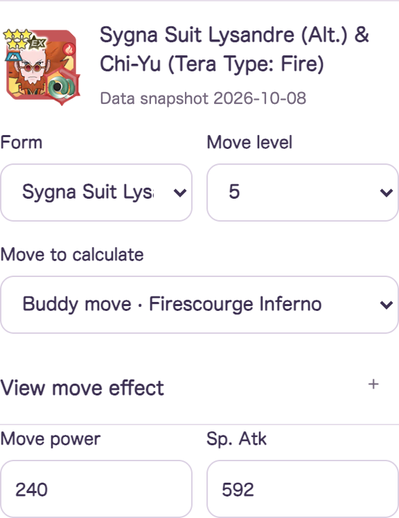 Chi-Yu's Terastal form, move level 5 and Firescourge Inferno selected